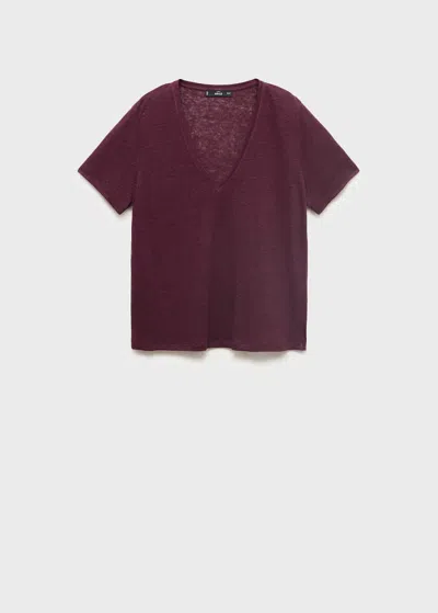 Mango V-neck Linen T-shirt Burgundy