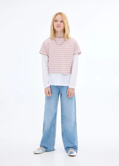 Mango Kids' Striped Short-sleeved T-shirt Pink