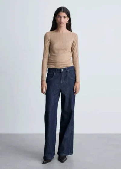 Mango Long-sleeved Pointelle T-shirt In Marron Clair/pastel