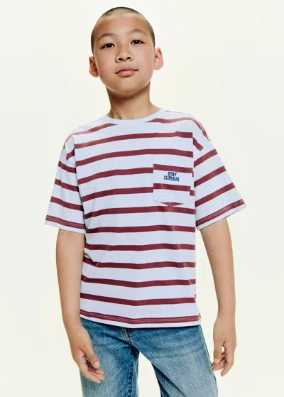 Mango Kids' Striped T-shirt With Embroidered Detail Sky Blue
