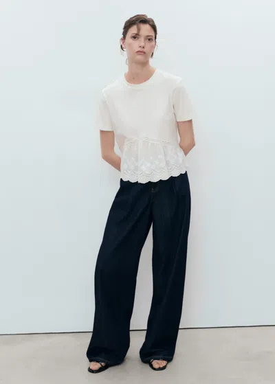 Mango Embroidered Ruffle T-shirt Off White