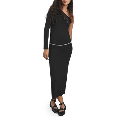 Mango Teen Asymmetric One-shoulder Single Long Sleeve Stretch Cotton Body-con Dress In Black