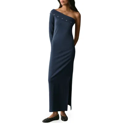 Mango Teen Asymmetric One-shoulder Single Long Sleeve Stretch Cotton Body-con Dress In Blue