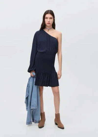 Mango Teen Asymmetrical Pleated Dress Dark Navy