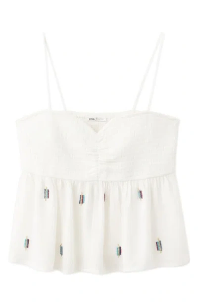 Mango Teen Beaded Detail Smocked Viscose Top In White