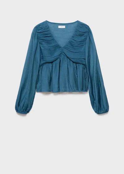 Mango Teen Blouse Fluide Froncée Bleu Pétrole - Fille - M -