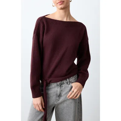 Mango Teen Boat Neck Tie Hem Cotton Blend Sweater In Burgundy