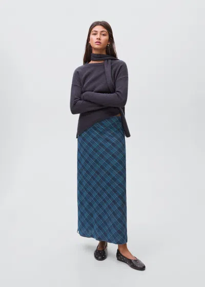 Mango Teen Checked Long Skirt Dark Navy In Gray