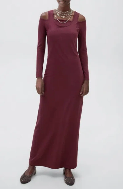 Mango Teen Cold Shoulder Stretch Cotton Knit Maxi Dress In Burgundy