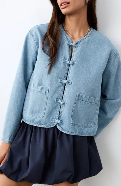 Mango Teen Collarless Denim Jacket In Blue