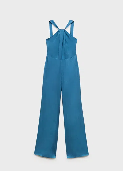 Mango Teen Halter-neck Satin Jumpsuit Petrol Blue In Bleu Pétrole