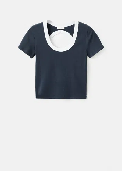 Mango Teen Contrasting Collar Cotton T-shirt Navy In Black