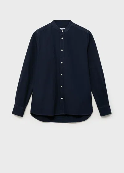 Mango Teen Cotton Linen Shirt With Mandarin Collar Navy