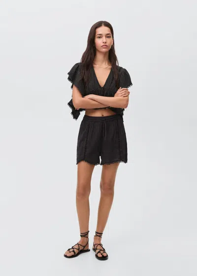Mango Teen Short Coton Pompons Noir - Fille - M -