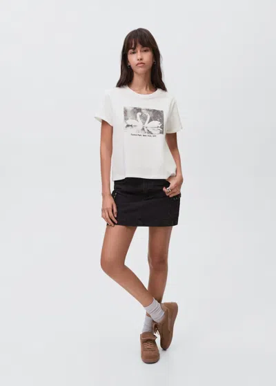 Mango Teen Cotton T-shirt With Swan Pattern Off White
