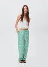 Mango Teen Cotton Trousers With Leaf Pattern Turquoise
