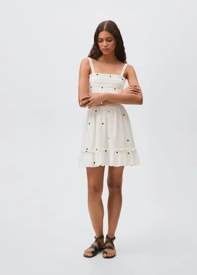 Mango Teen Embroidered Cotton Dress With Floral Pattern Off White