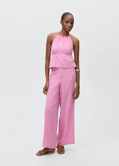 Mango Teen Embroidered Culotte Trousers Pink