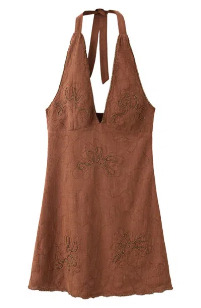 Mango Teen Embroidered Halter Cotton Minidress In Brown