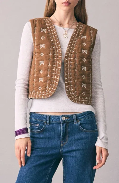 Mango Teen Embroidered Quilted Cotton Vest In Brown