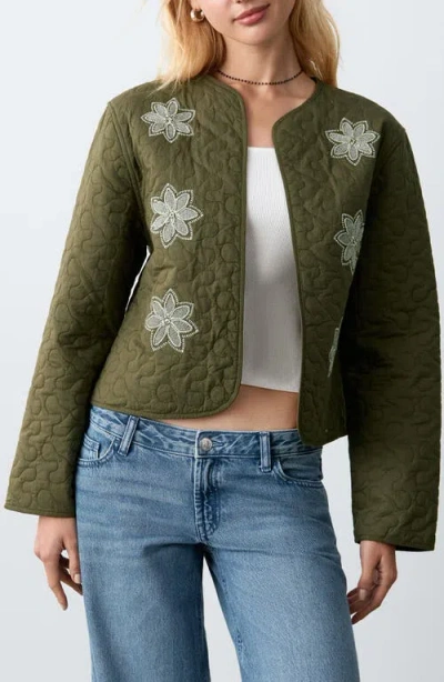 Mango Teen Embroidered Quilted Jacket In Green