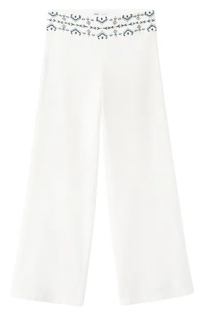 Mango Teen Embroidered Wide Leg Trousers In White