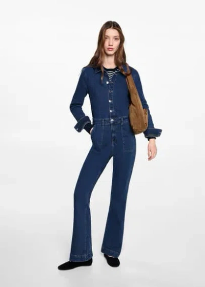 Mango Teen Flared Denim Jumpsuit Medium Blue