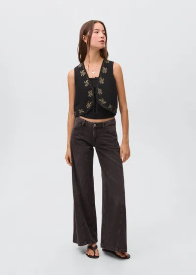 Mango Teen Floral-embroidered Waistcoat Black