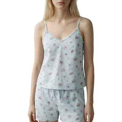 Mango Teen Floral Lace Trim Cotton Short Pajamas In Blue