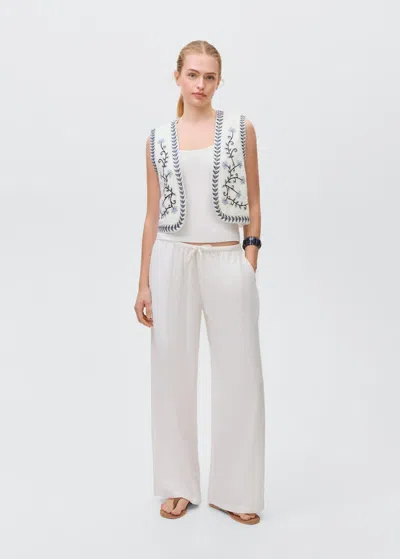 Mango Teen Flower-embroidered Cropped Waistcoat Off White In Blanc Cassé
