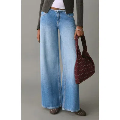 Mango Teen Frayed Waist Wide Leg Jeans In Blue
