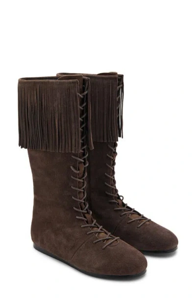 Mango Teen Fringed Leather Boots Chocolate In Brown
