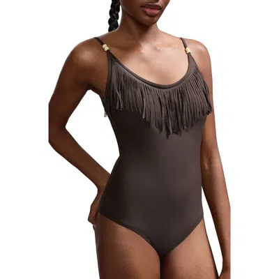 Mango Teen Fringe One-piece Swimsuit In Brown