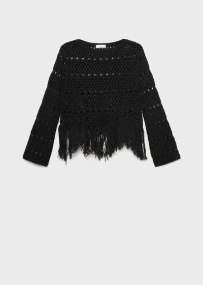 Mango Teen Fringed Detail Openwork Sweater Black