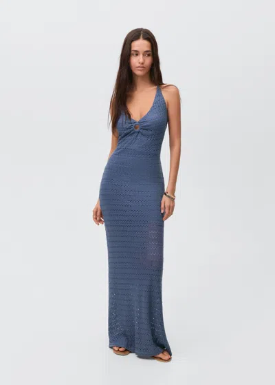 Mango Teen Halter Neck Openwork Knit Dress Navy