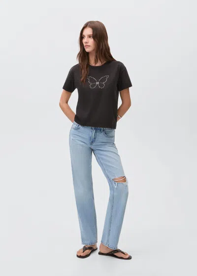 Mango Teen Ripped Straight-fit Jeans Light Blue