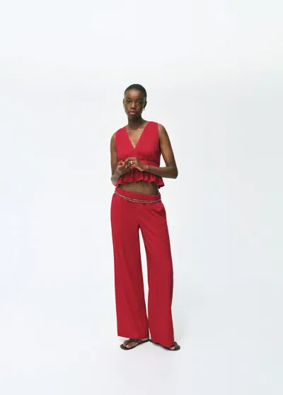 Mango Teen Linen Trousers With Elastic Waistband Red