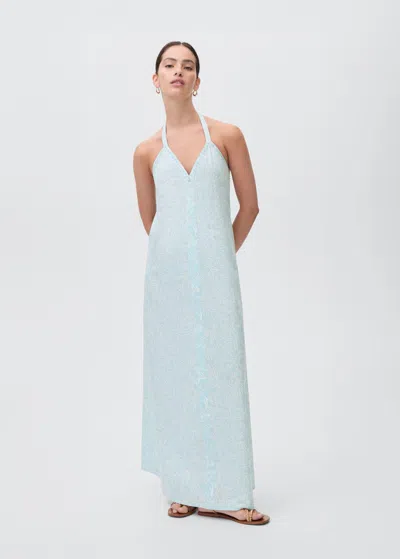 Mango Teen Long Beaded Dress Turquoise In Blue