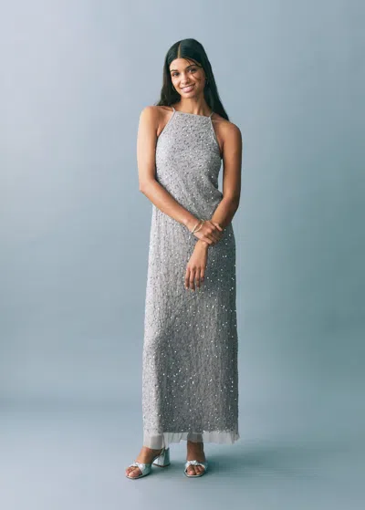 Mango Teen Long Sequin Dress Silver