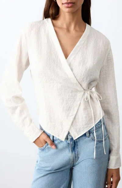 Mango Teen Long Sleeve Wrap Front Top In White