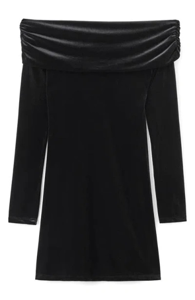 Mango Teen Off The Shoulder Long Sleeve Velvet Minidress In Black