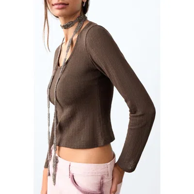 Mango Teen Pointelle Long Sleeve Crop T-shirt In Brown
