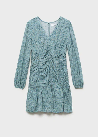 Mango Teen Printed Dress With Draped Detail Petrol Blue In Bleu Pétrole