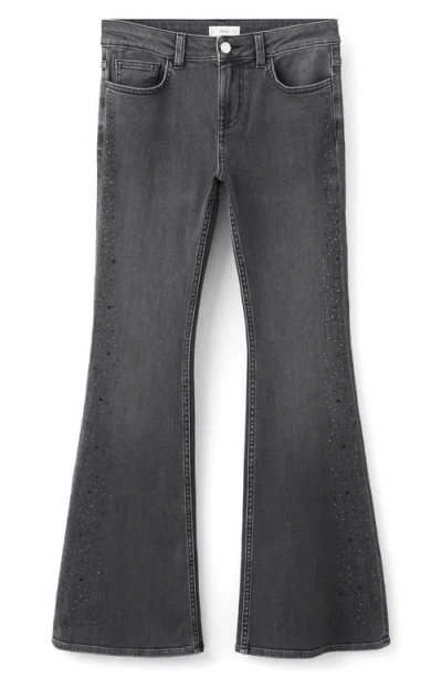 Mango Teen Rhinestone Embellished Low Rise Flare Jeans In Gray