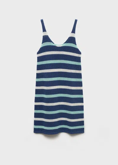 Mango Teen Striped Openwork Knit Dress Blue
