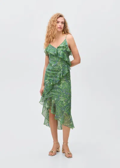 Mango Teen Ruffled Midi Dress Green In Vert