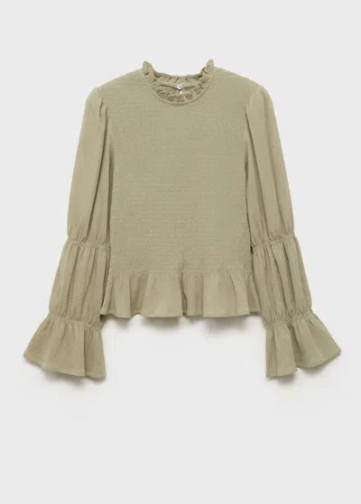 Mango Teen Ruched Blouse With Ruffles In Green