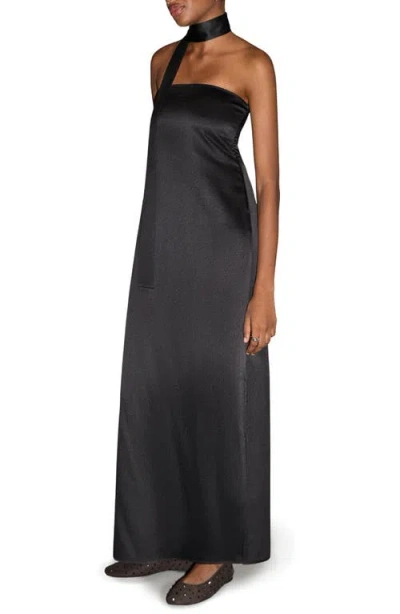Mango Teen Satin Halter Maxi Dress In Black