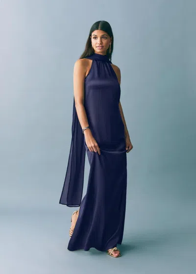 Mango Teen Satin Halter Neck Dress Navy
