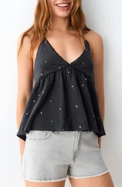Mango Teen Sequin Embroidered Cotton Halter Top In Black